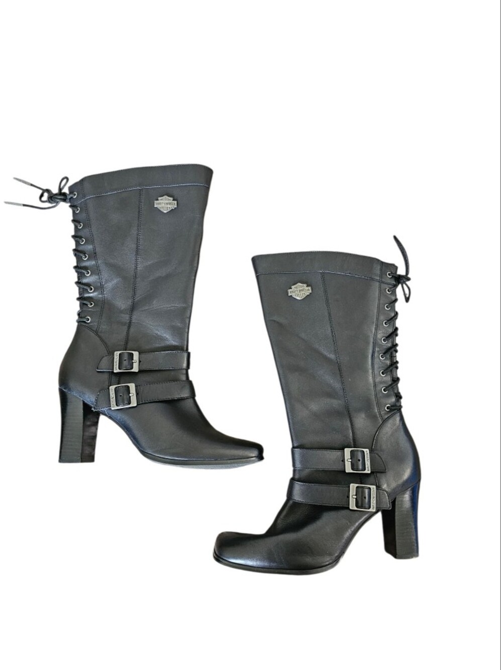 Harley-Davidson Leather Black Lace-Up Biker Buckle Heeled Mid-Calf Boots Size 11